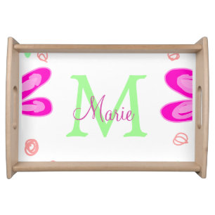 Pink flower monogram add name letter green leaf serving tray