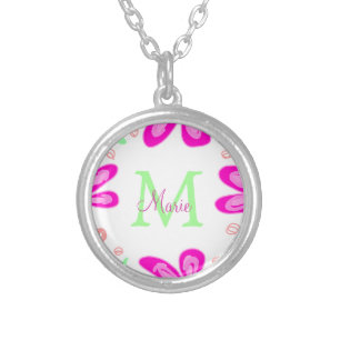 Pink flower monogram add name letter green leaf silver plated necklace