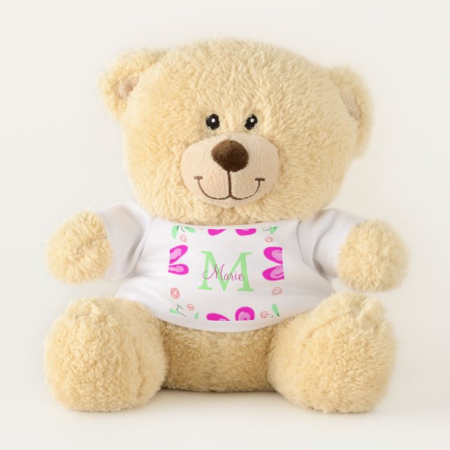 Pink flower monogram add name letter green leaf teddy bear (Front)