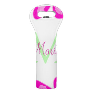 Pink flower monogram add name letter green leaf wine bag