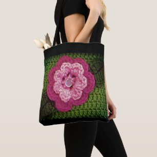 Pink Flower Natural Green Artisan Crochet Print Tote Bag