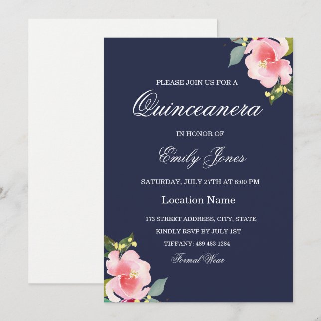 Pink Flower Navy Blue Quinceanera Invitation (Front/Back)
