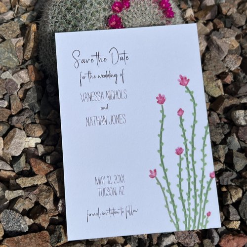 Pink Flower Ocotillo Cactus Save The Date Card