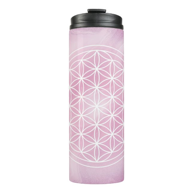 pink, flower of life, sacred geometric thermal tumbler (Front)