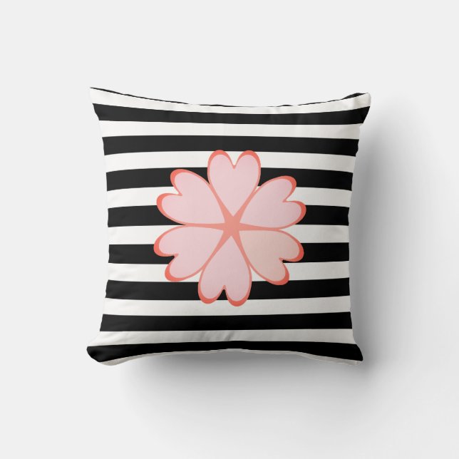 Pink Flower on Black and White Striped Throw Pillow (Front)