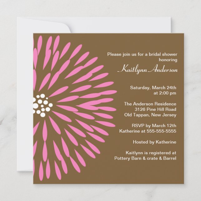 Pink Flower on Brown Bridal Shower Invitation (Front)