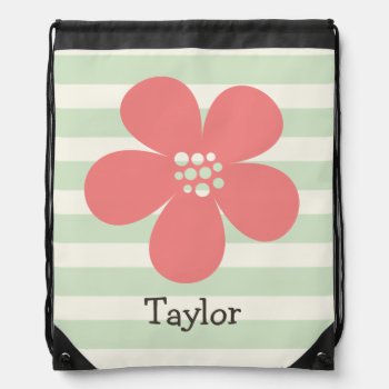 Pink Flower On Pastel Green Stripes Drawstring Bag by Birthday_Party_House at Zazzle