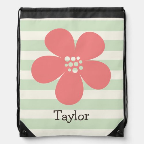 Pink Flower on Pastel Green Stripes Drawstring Bag