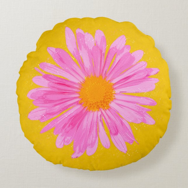 Pink Flower Painting on a Yellow Background Round Pillow (Front)