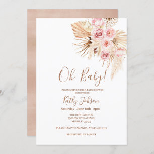 Pink Flower Pampas Grass Boho Chic Baby Shower Invitation