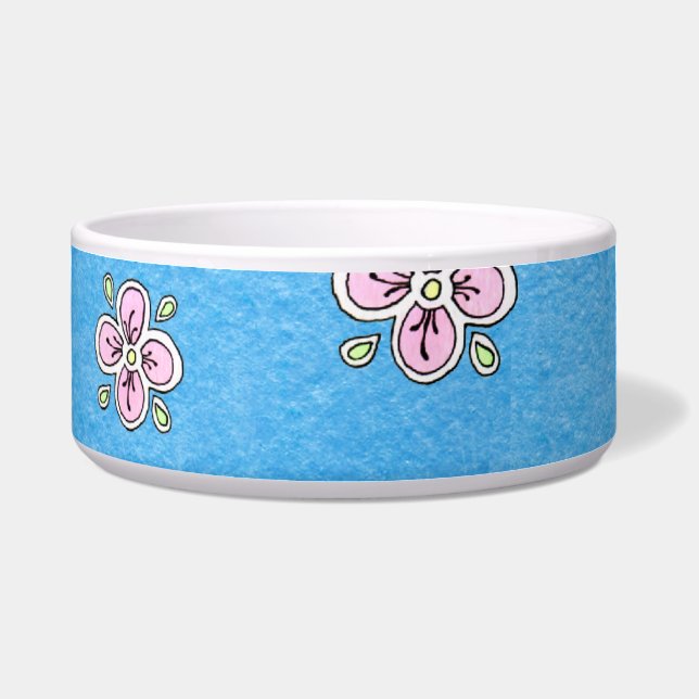 Pink Flower Pattern on Blue Bowl (Front)