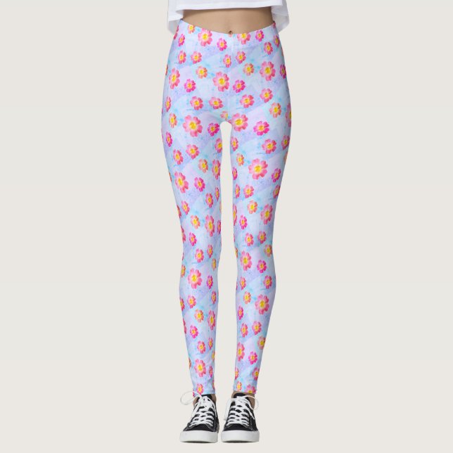 Pink Flower Pattern on Pastel Colors Leggings (Front)