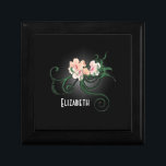 Pink Flower Personalized Bridesmaid Gif Gift Box<br><div class="desc">A personalized jewellery / trinket box for your bridesmaids. The design is an illustration of some delicate pink blossoming flowers with green swirlies and leaves on a black background. Light gray shading creates a glowing effect around the flowers which accentuates and illuminates. Personalize / customize with the names in your...</div>