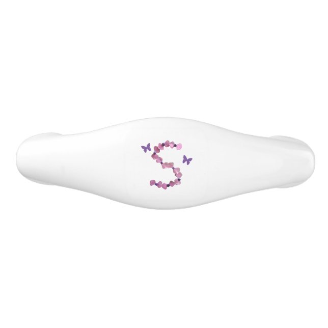 Pink Flower Petal and Purple Bead Letter S Initial Ceramic Drawer Pull (Front)