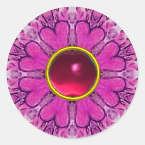 PINK FLOWER PETALSFLORAL HEARTS AND RUBY GEMSTONE CLASSIC ROUND STICKER