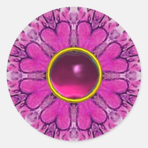 PINK FLOWER PETALSFLORAL HEARTS AND RUBY GEMSTONE CLASSIC ROUND STICKER