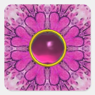 PINK FLOWER PETALS,FLORAL HEARTS AND RUBY GEMSTONE SQUARE STICKER