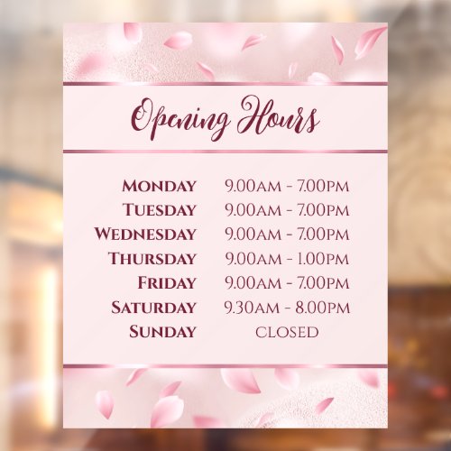 Pink Flower Petals Opening Hours Window Cling