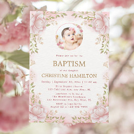 Pink Flower Photo Baptism Invitation