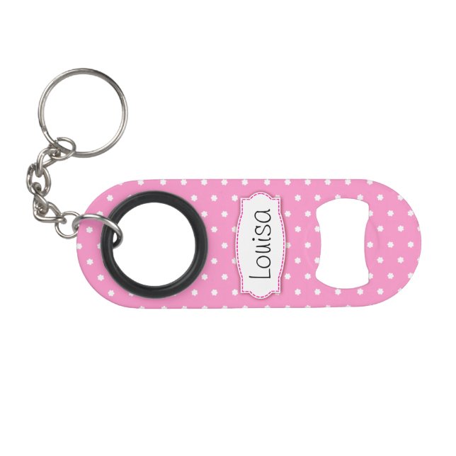 Pink flower polka dots name bottle opener (Front (Horizontal))