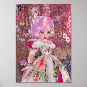 Pink Flower Princess With Magnolias Portrait Art Poster
