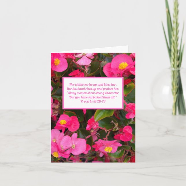 Pink Flower Proverbs 31:28-29 Bible Verse Card (Front)
