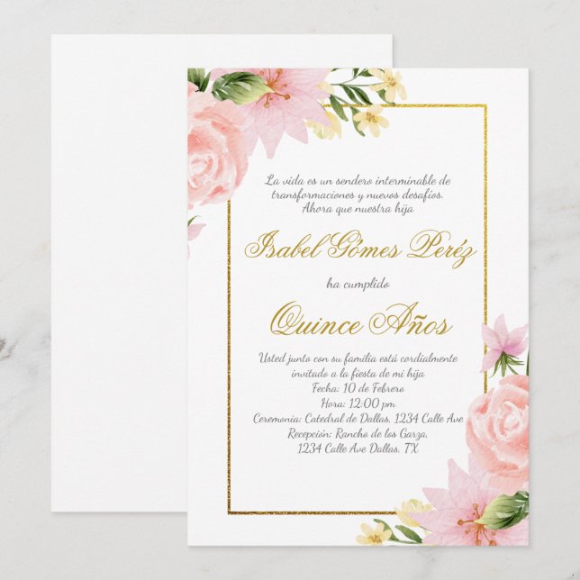 Pink flower Quince invitation in Spanish (Front/Back)