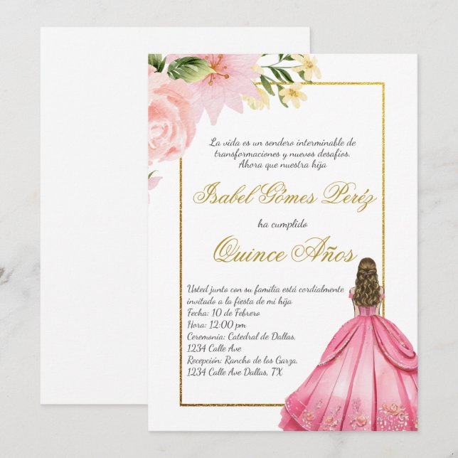 Pink flower Quince invitation in Spanish (Front/Back)