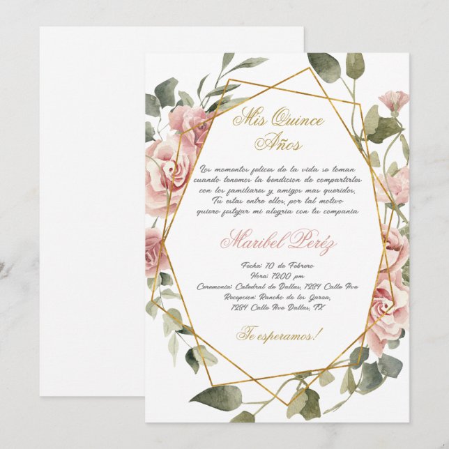  Pink flower Quinceanera invitation (Front/Back)