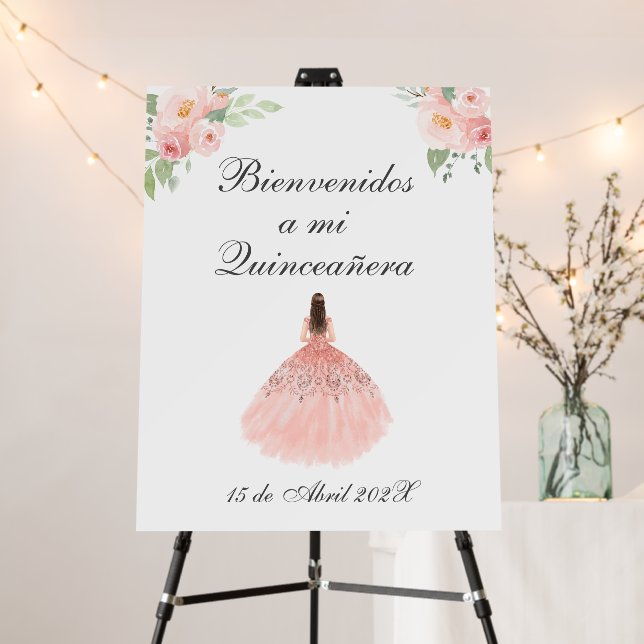 Pink flower quinceañera welcome sign (In Situ (Stand))