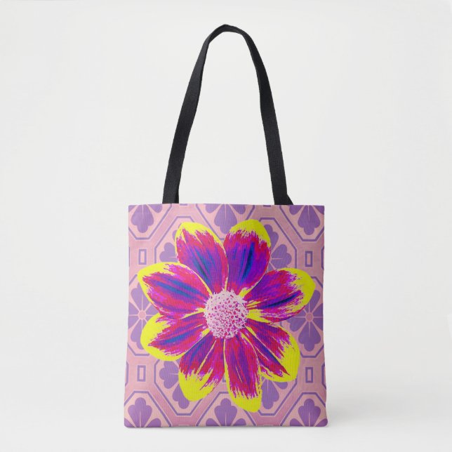 Pink Flower Retro Style Purple Tote Bag (Front)