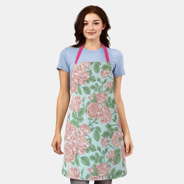 Pink Flower Rose Garden Bouquet Pattern Apron (Worn)