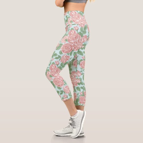 Pink Flower Rose Garden Bouquet Pattern Capri Leggings