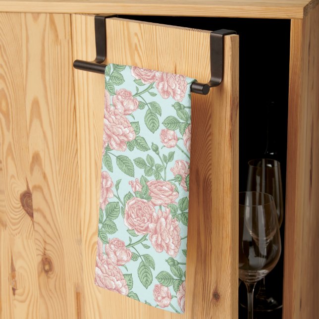 Pink Flower Rose Garden Bouquet Pattern Kitchen Towel (Thirds Fold)