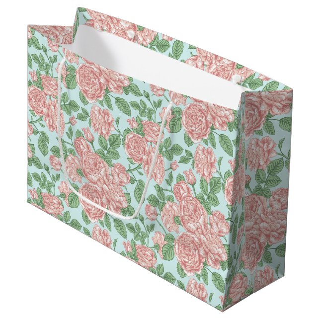 Pink Flower Rose Garden Bouquet Pattern Large Gift Bag (Front Angled)