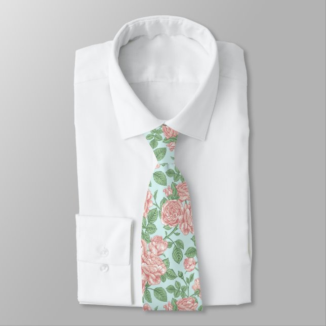 Pink Flower Rose Garden Bouquet Pattern Neck Tie (Tied)