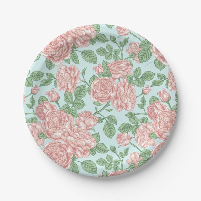 Pink Flower Rose Garden Bouquet Pattern Paper Plates (Front)