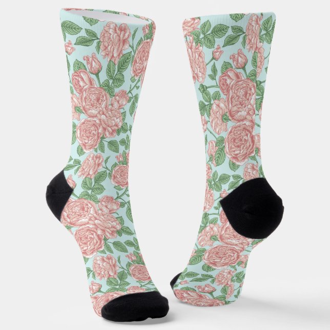Pink Flower Rose Garden Bouquet Pattern Socks (Angled)
