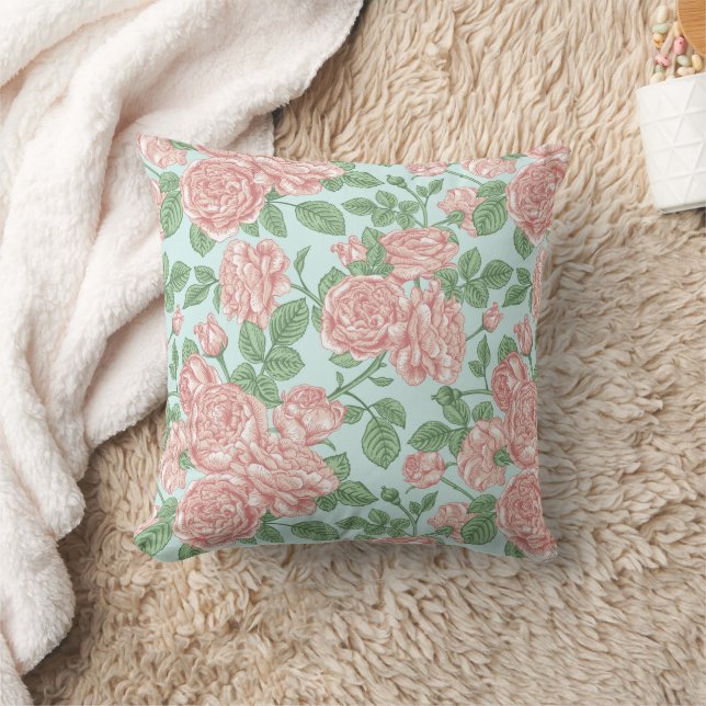 Pink Flower Rose Garden Bouquet Pattern Throw Pillow (Blanket)