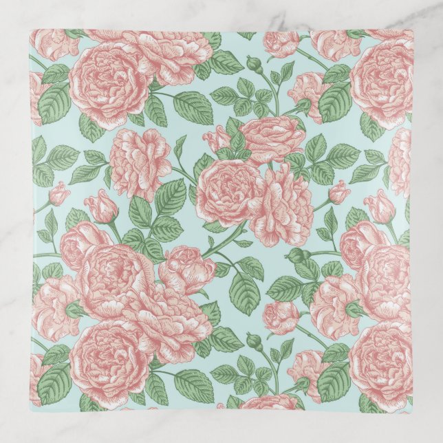 Pink Flower Rose Garden Bouquet Pattern Trinket Tray (Front)