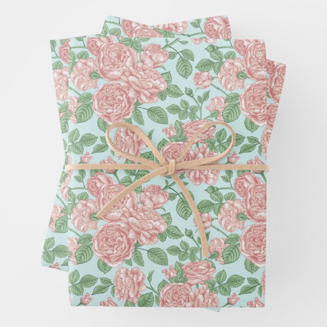 Pink Flower Rose Garden Bouquet Pattern Wrapping Paper Sheets (In situ)