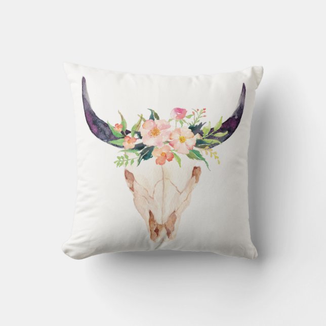 Pink Flower Rustic Bull Skull Throw Pillow (Front)