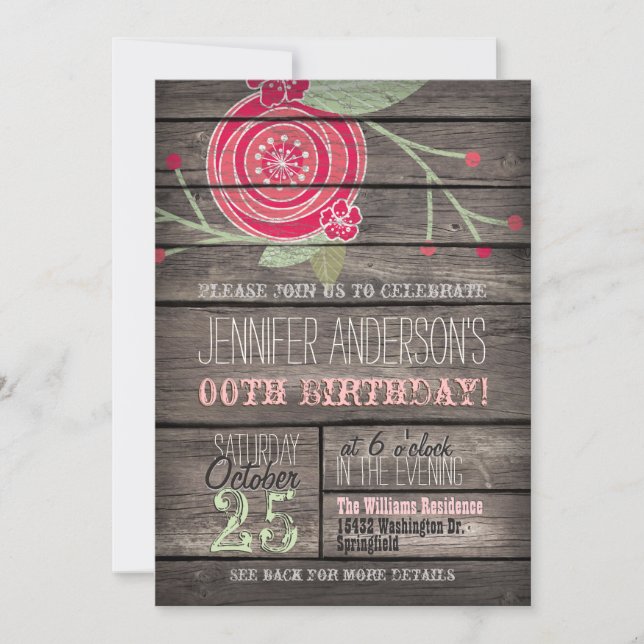 Pink Flower, Rustic Country Adult or Teen Birthday Invitation (Front)