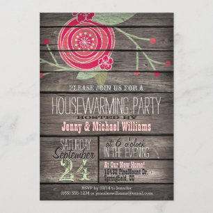 Pink Flower Rustic Country Wood Housewarming Party Invitation