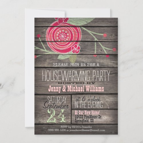 Pink Flower Rustic Country Wood Housewarming Party Invitation