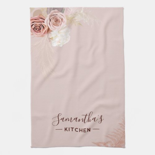 Pink Flower Script Terracotta Personalized Kitchen Towel