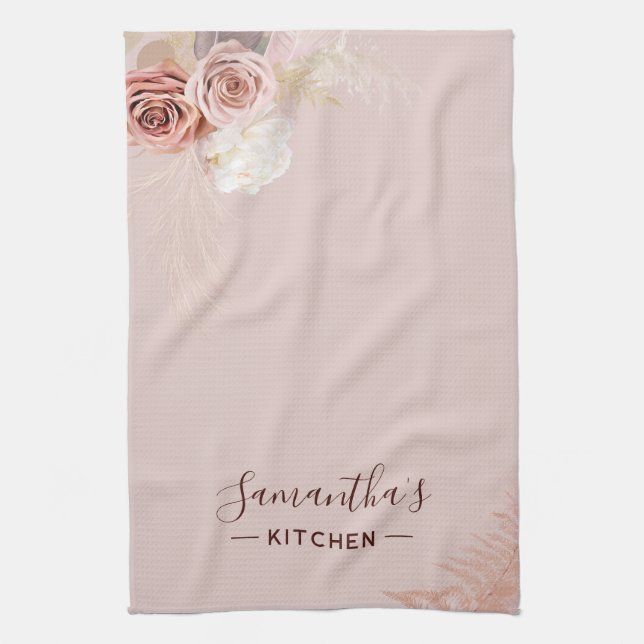 Pink Flower Script Terracotta Personalized Kitchen Towel (Vertical)