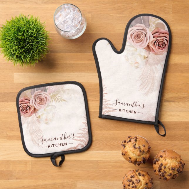 Pink Flower Script Terracotta Personalized Oven Mitt & Pot Holder Set (Top Down)