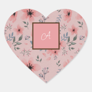 Pink Flower Simple Pattern Vintage Boho Monogram  Heart Sticker