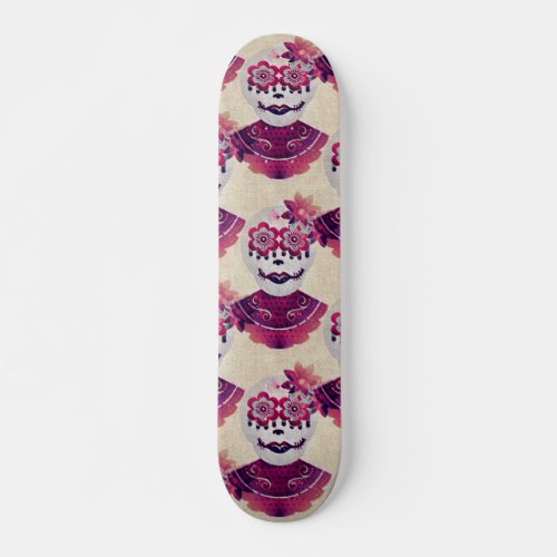 Pink Flower Skull woman Skateboard